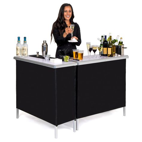 PRICES MAY VARY. DOUBLE BAR SET: Includes 2 portable bar tables and 2 attachable black bar skirts that works for casual and formal events MOBILE BARTENDERS: Get 2x the space for large parties and events; Includes 2 clamps to connect the tables in an L-shape or side by side; Each table measures 39 x 36 x 15 inches (W x H x D) when open and in total weighs only 25 pounds SOCIAL EVENT FAVORITE: Ideal for parties, trade shows, corporate events, and more; Highly portable with instant, no tool setup S Bar Area For Party, Mini Mobile Bar, Mobile Bar Set Up, Bar Setup For Party, Diy Mobile Bar, Portable Bar On Wheels, Bar Ideas For Party, Small Event Space Design, Wedding Bar Setup