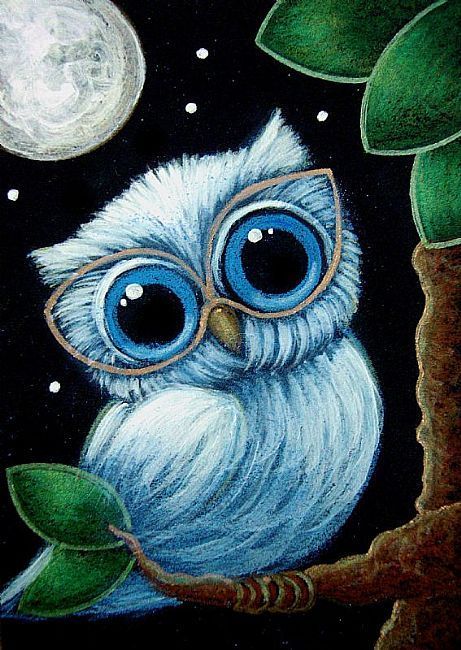 TINY BABY BLUE OWL   NEW EYE GLASSES  View this Artist's Profile  Cyra R. Cancel  FLORIDA, UNITED STATES Blue Owl, Owl Art, Arte Animal, Moon And Stars, Art Portfolio, 그림 그리기, Art Classes, Painting Inspiration, Art Day