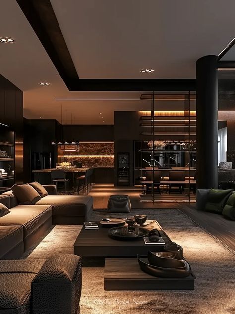 Masculine Penthouse Apartment, Dark Brown Interior Design Living Room, Home Decor Ideas Living Room Black, Dark Theme Apartment, Neutral Color Apartment, Dark Themed Apartment, Men’s Appartment, Apartment Men Aesthetic, Modern Apartment Black