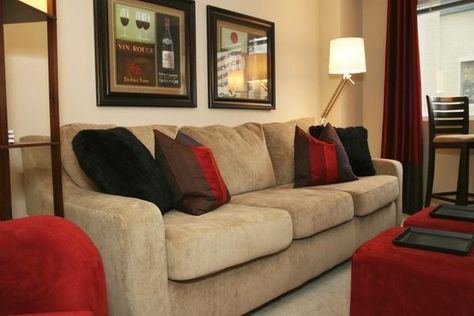 Tan  Red living room (not the pics on the wall) Beige And Red Living Room, Beige And Gold Living Room, Chocolate Living Rooms, Taupe Living Room, Leather Couch Living Room, Brown Leather Couch Living Room, Red Living Room Decor, Designers Portfolio, Tan Living Room