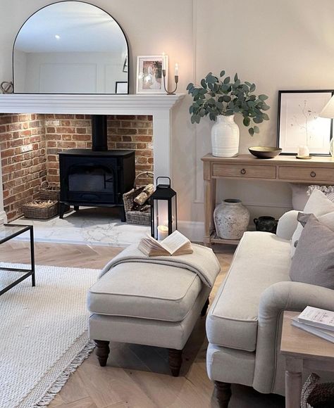 Cotswold Style Interiors, Small Lounge Ideas With Fireplace, Small Cottage Sitting Room, Small Cottage Lounge, Cottage Lounge Ideas, Ciara Future, Cottage Lounge, Log Burner Living Room, Brick Living Room