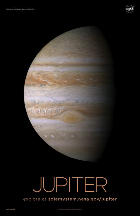 Version A of the Jupiter installment of our solar system poster series. Nasa Planet Posters, Nasa Jupiter, Jupiter Poster, Nasa Planets, Nasa Solar System, Jupiter Planet, Cassini Spacecraft, Solar System Poster, Solar System Crafts