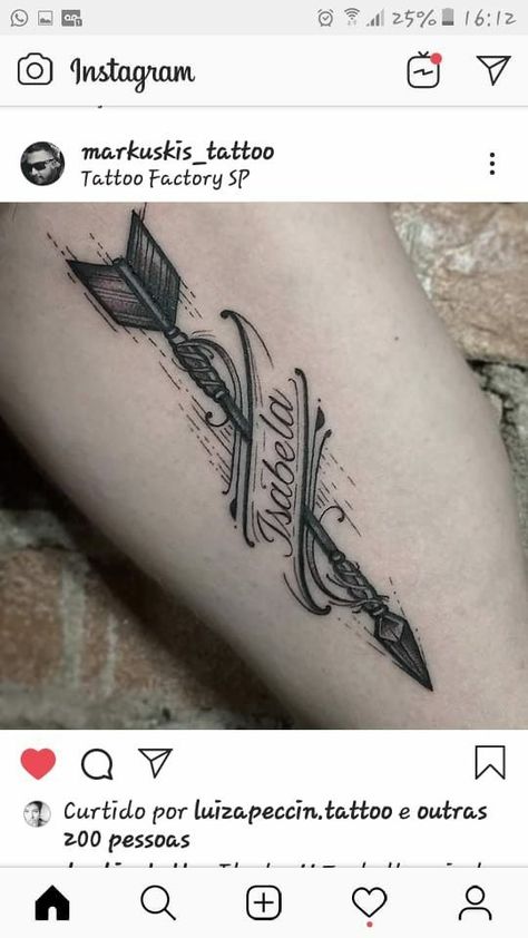 Arrow Tattoo For Men On Arm, Men Arrow Tattoo Arm, Arrow Name Tattoo Men, Name And Arrow Tattoo, Archer Tattoo Men, Arrow Tattoo Design For Men, Name Arrow Tattoo, Daughter Name Tattoo For Men, Arrow With Name Tattoo