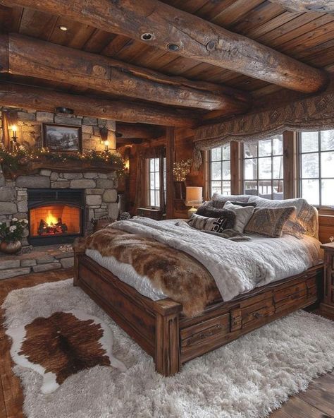 Log Houses Luxury Log Cabin Interior, Wood Cabin Bedroom, Log House Interior, Rustic Log Cabin Interior, Log Cabins Interiors, Timber Bedroom, Cabin Bedding Sets, Log Cabin Bedroom, Log Cottage