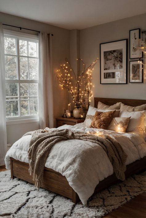 Master Bedrooms Decor Fall, Moody Fall Bedroom, Bedroom Autumn Aesthetic, How To Cozy Up A Bedroom, Natural Cozy Bedroom, Cozy Neutral Bedroom Romantic, Bedroom Ideas Warm Colors, Cozy Master Room, Small Cosy Bedroom Ideas