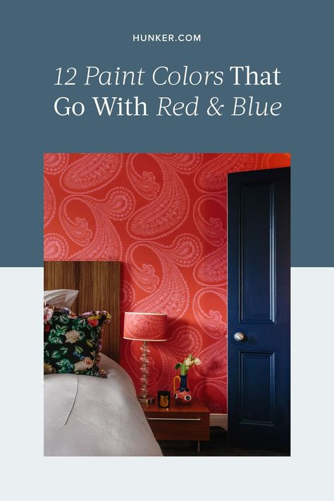 Scroll on for a few red and blue color ideas that will undoubtedly inspire a vibrant room makeover. #hunkerhome #redhomedecor #wallpaintcolorideas #homedecor Blue Room Red Accents, Red White And Blue Room Ideas Bedrooms, Red Blue Bedroom Ideas, Blue And Red Bedroom, Red White And Blue Bedroom, Red And Blue Color Palette, Red Comforter, Red Ceiling, Blue Shelves