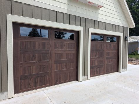 (20+) Facebook Dark Wood Garage Doors, Wood Garage Doors White House, Wood Look Garage Doors, Newaygo Michigan, White House Black Trim, Brown Garage Door, White Garage Doors, Wood Garage, Wood Garage Doors