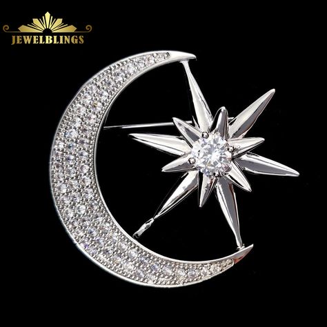 Victorian Design Micro Pave Clear CZ Crescent Moon and Star Brooches Silver Tone Mirror Hardware and CZ Star Moon Pins Broaches Planet Jewelry, Stars Jewelry, Moon Brooch, Space Drawings, Victorian Design, Antique Brooches, Antique Hardware, Star Moon, Cz Jewelry