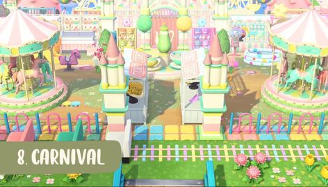 Animal Crossing Carnival, Acnh Carnival Ideas, Acnh Easter, Acnh Park, Kidcore Island, Acnh Kidcore, Carnival Design, Pastel Kidcore, Forest Village