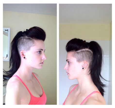 I finally grew a pair and got my hair cut the way I’ve wanted for the past 9 months. Undercut on both sides (so technically a mohawk). I was pleasantly surprised at the styling versatility. Thank you Re for doing a fabulous job! Mohawk Long Hair For Women, Shaved Mohawk Women, Female Mohawk Shaved Sides Long Hair, Long Mohawk Women, Mohawk Styles For Women, Mohawk Women, Long Hair Mohawk, Shaved Haircut, Gothic Lifestyle