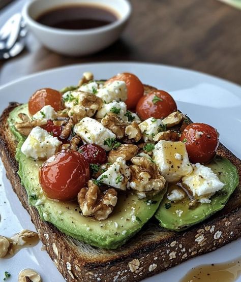 Feta Toast, Nigella Lawson Recipes, Easy High Protein Meals, Martha Stewart Recipes, Avocado Toast Recipe, Stuffed Avocado Healthy, Juicy Tomatoes, Ripe Avocado, Mediterranean Diet Recipes