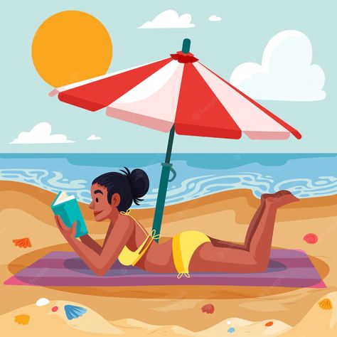 Beach Umbrella Illustration, Summer Beach Illustration, Woman At The Beach, Reading Books Illustration, Summer Illustrations, Umbrella Illustration, Hug Illustration, Beach Cartoon, Under Umbrella