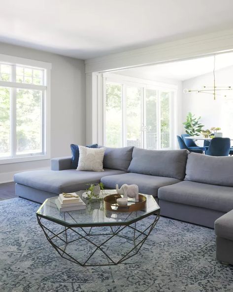 Blue With Gray Living Rooms, Carpet To Match Blue Sofa, Area Rug For Light Gray Couch, Blue Grey Rug Living Room, Blue Gray Rug Living Room, Gray Couch With Blue Pillows, Gray Couch Blue Rug, Gray White Blue Living Room, Grey Blue Sofa Living Room Ideas