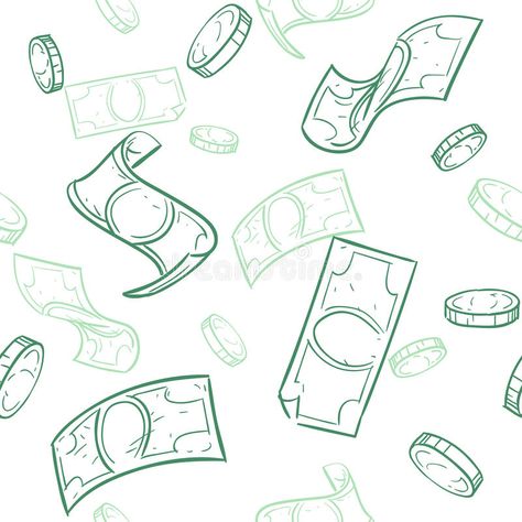 Doodle cash flow. Raining money seamless vector pattern. Falling sketch dollars background royalty free illustration Money Reference, Falling Sketch, Background Money, Photo Doodle, Money Design Art, Turtle Sketch, Raining Money, Money Background, Money Tattoo