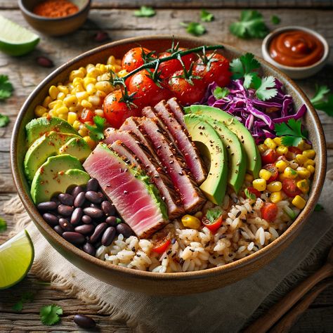 Cooking up Joy - Made with love: Seaside Fiesta: Seared Tuna Taco Bowl Tuna Steak Bowl Recipes, Tuna Tacos, Sushi Grade Tuna, Tuna Steak, Taco Bowl, Native Foods, Fresh Tuna, Seared Tuna, Steak Tacos