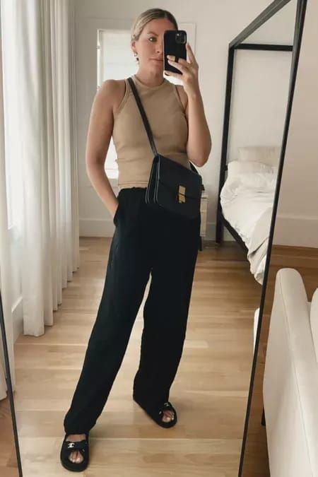 Black Pants Beige Top, Black Slacks Outfit, Style Inspiration Outfit Ideas, Slacks Outfit, Uni Fits, Colorful Summer Dresses, Black Pants Outfit, Tank Top Outfits, Black Slacks