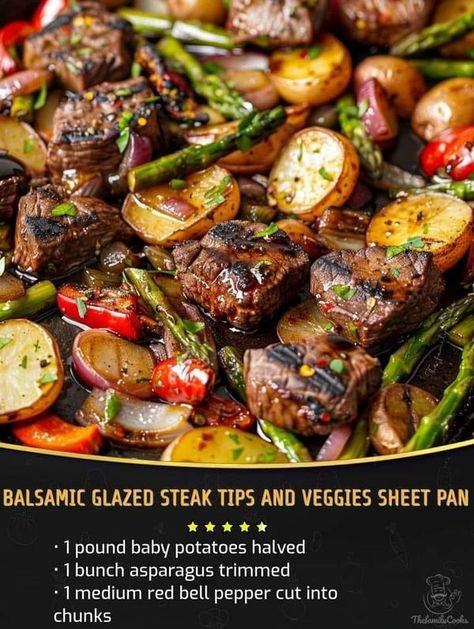 Mediterranean Kitchen Recipes | Balsamic Glazed Steak Tips and Veggies Sheet Pan | Facebook Glazed Steak, Balsamic Steak, Steak Tips, Seasoned Veggies, Sirloin Steak, Easy Recipes For Beginners, Tasty Kitchen, Steak Bites, Balsamic Glaze