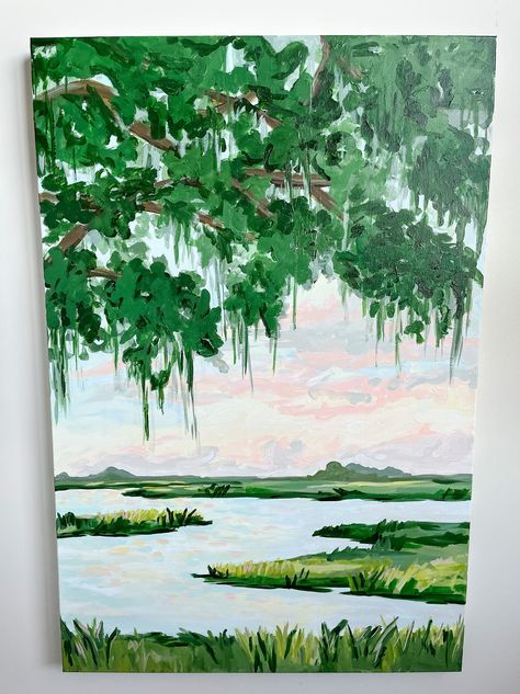 Fine art print. Not a digital download.  South Carolina lowcountry, Beaufort. This is a print of the original made with acrylic. Soft pastel sky with live oak tree and Spanish moss.  Acid-free, pH-neutral papers, giclee with archival pigment inks Florida Scenery, Marsh Art, Live Oak Tree, South Carolina Art, Diy Beach Decor, Animal Mural, Black Roots, Live Oak Trees, Pastel Sky