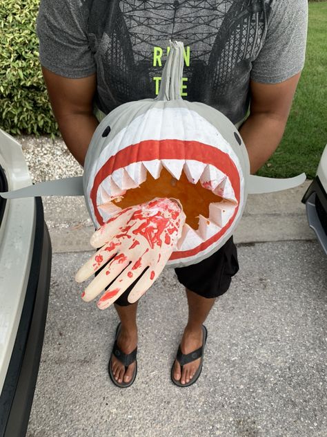 Shark Pumpkin Decorating, Shark Pumpkin Painted, Jaws Pumpkin, Best Pumpkin Carving Ideas Creative, Fishing Pumpkin, Healthcare Pumpkin Decorating, Shark Pumpkin Carving, Shark Pumpkin, Pumpkin Competition