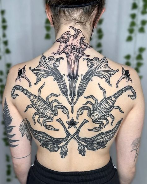 Scorpion Tattoo Ideas, Etching Tattoo, Woodcut Tattoo, Engraving Tattoo, Back Piece Tattoo, Scorpion Tattoo, Tattoo Ideas For Men, Female Tattoo Artists, Line Work Tattoo