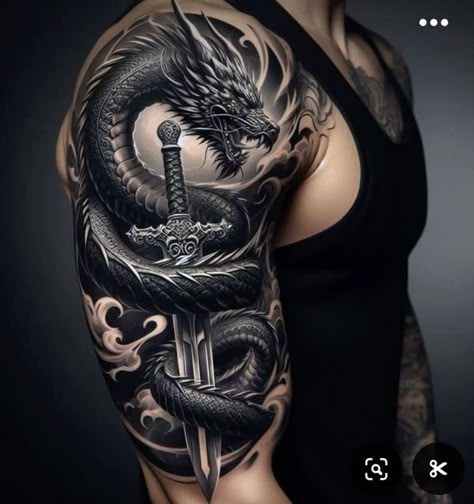 Half Sleeve Shoulder Tattoo For Men, Back Tattoos For Guys Dragon, Dragon Upper Arm Tattoo, Dragon Tattoo Sleeve For Men, Phoenix Bird Tattoos Men, Sleeve Tattoos Dragon, Dragon Tattoo Men, Herren Hand Tattoos, Viking Warrior Tattoos