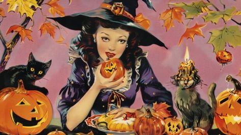 Vintage Halloween postcards featuring witches, black cats, and pumpkins. Fall Halloween Desktop Wallpaper, Vintage Halloween Art Wallpaper Laptop, Vintage Halloween Laptop Wallpaper, Witch Laptop Wallpaper, Vintage Halloween Desktop Wallpaper, Halloween Desktop Wallpaper Macbook, Macbook Wallpaper Aesthetic Vintage, Desktop Halloween Wallpaper, Halloween Mac Wallpaper