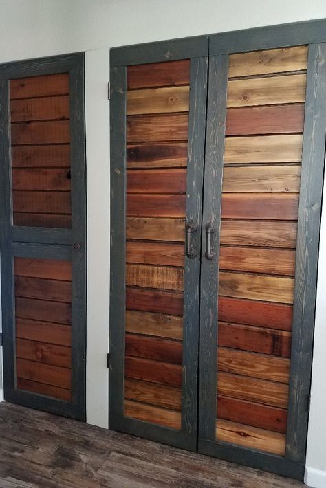 Linen Closet Doors, Cool Pantry, Rustic Pantry Door, Closet Conversion, Wood Closet Doors, Pallet Closet, Rustic Closet, Wood Pantry, Pallet Door