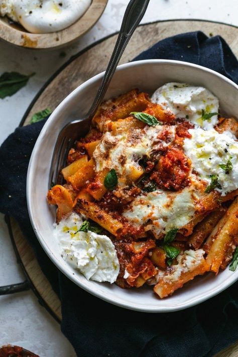 Burrata Baked Ziti with Sausage Ziti With Sausage, Sausage Spices, Pasta And Sauce, Baked Ziti With Sausage, Crispy Pancetta, Easy Baked Ziti, Burrata Cheese, Baked Ziti, Dinner Guest