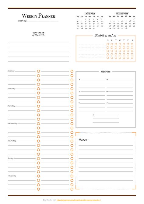 Weekly planner with calendar & habit tracker. Sections you can find in this template: Week of, Top tasks of the week, Daily sections, Weekly menu list for each day, Habit tracker, Current & Next months calendar, Notes section  #weeklyplanner #printableweeklyplanner #weekplannertemplate #organize #papergoods Free Printable Weekly Planner Template, Doodle Bullet Journal, Free Weekly Planner Templates, Daily Planner Printables Free, Weekly Planner Free Printable, Weekly Schedule Planner, Study Planner Printable, Weekly Planner Free, Printable Weekly Planner