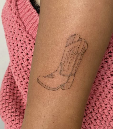 Fineline Cowboy Boot Tattoo, Red Cowboy Boots Tattoo, Cowboots Tattoo, Little Cowboy Boot Tattoo, Cowgirl Boots Tattoo, Cowgirl Hat Tattoo, Cowboy Boots Tattoo, Yeehaw Tattoo, Cowgirl Boot Tattoo