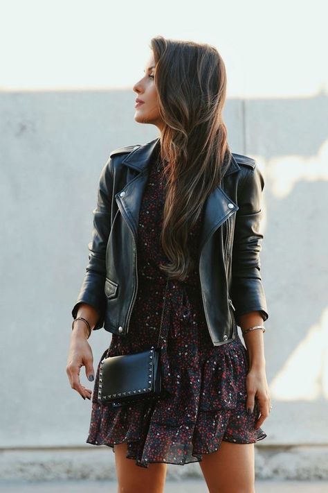 Dress And Leather Jacket, Black Leather Jacket Outfit, Andee Layne, Leather Jacket Dress, Outfit Chic, Leather Jacket Outfits, Mode Inspo, Black Leather Jacket, Style Women