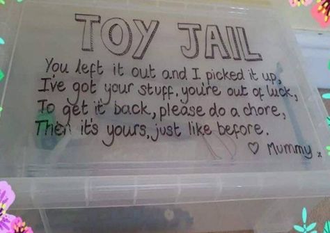 Parenting hack: Toy Jail - Hither & Thither Toy Jail, Healthy Discipline, Cleaning Kids Room, Kids Cleaning, Clean Memes, Kid Hacks, Smart Parenting, Future Mom, Mom Hacks