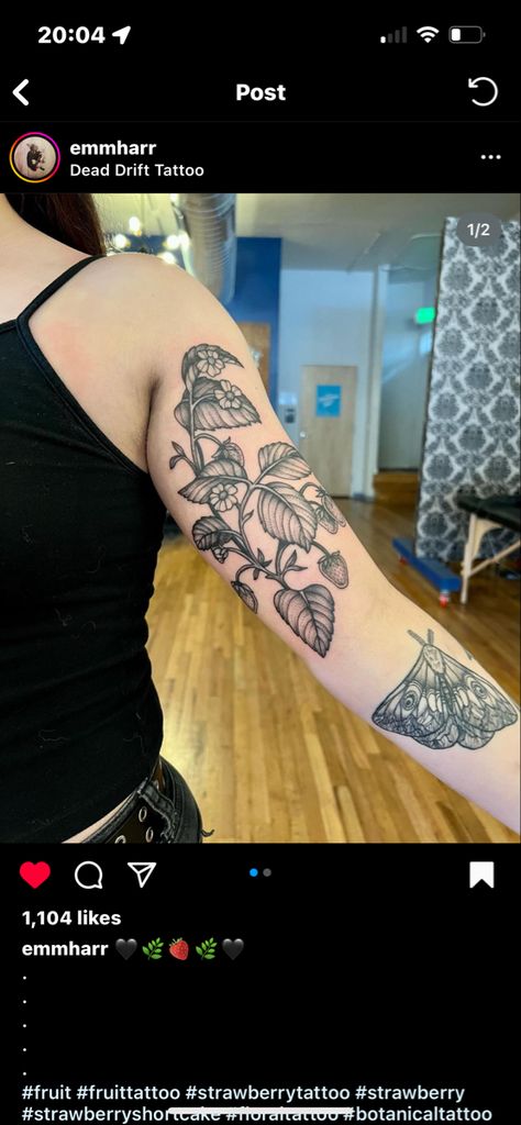 Bee Strawberry Tattoo, Strawberry Vine Arm Tattoo, Detailed Strawberry Tattoo, Strawberry Plant Tattoo Black And White, Black And Grey Strawberry Tattoo, Strawberry Shoulder Tattoo, Strawberry Sleeve Tattoo, Strawberry Tattoo Sleeve, Strawberry Vine Tattoo Black And White