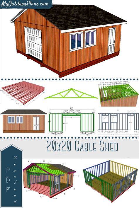 Step by step 3D diagrams and instructions for you to build a gable shed 20x20. This shed features a 8 ft garage door to the front and a side man door to the side. In addition, the shed has two large windows on the side to let a lot of light inside the shelter. Full Cut and Shopping lists included. PDF download and Print friendly. #largeshed #shedplans #20x20shed Workshop Building Design, Large Shed Plans, 20x20 Shed Plans, Shed Blueprints Free, Shop Blueprints, Building Plan Drawing, Diy Sheds, Shed Design Plans, Shed Blueprints