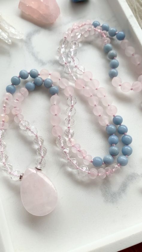 gypseajewelstudio on Instagram: » ι αм вℓσѕѕσмιηg This mala necklace features 8mm faceted Clear Quartz, matte Rose Quartz and faceted Rose Quartz and 7mm Angelite beads,… Rose Quartz Jewelry, Crystals Jewelry, Crystal Jewelry Sets, Quartz Jewelry, Handmade Jewelry Diy, Mala Necklace, Jewelry Diy, Tanzania, Clear Quartz