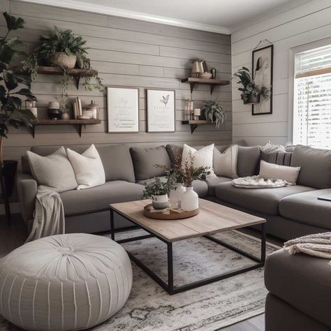 How to Create a Stunning Grey Modern Farmhouse Living Room • 333+ Images • [ArtFacade] Grey Modern Farmhouse Living Room, Grey Modern Farmhouse, Gray Sectional Living Room, Gray Living Room Design, Grey Sofa Living Room, Modern Farmhouse Living Room Decor, Grey Couch Living Room, Shiplap Walls, Living Room Decor Gray