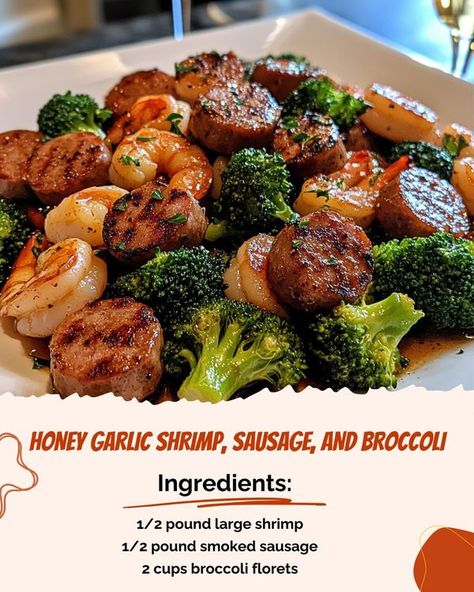 Shrimp Sausage Broccoli, Honey Garlic Shrimp Sausage And Broccoli, Crock Pot Shrimp, Shrimp Dinners, Sausage And Broccoli, Honey Shrimp, Smoked Sausage Recipes, How To Cook Broccoli, Shrimp Sausage