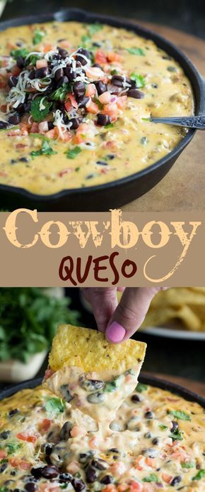 A warm and savory queso dip with your favorite ale, ground beef, tomatoes, black beans, and fresh cilantro. #foodanddrink Cowboy Queso, Cowboy Recipes, Queso Recipe, Cheesecake Dip, Movie Snacks, Queso Dip, Taco Bar, God Mat, Buffalo Chicken Dip