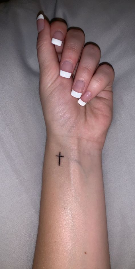 Simple Tattoos To Do On Yourself, Small Asethic Tattoos, Small Hand Tattoos Stick And Poke, Cute Lil Tattoos Simple, Cross Stick And Poke, Cross Stick N Poke, Stick And Poke Ideas Small Simple, Really Tiny Tattoos, Cute Simple Stick And Poke Tattoos