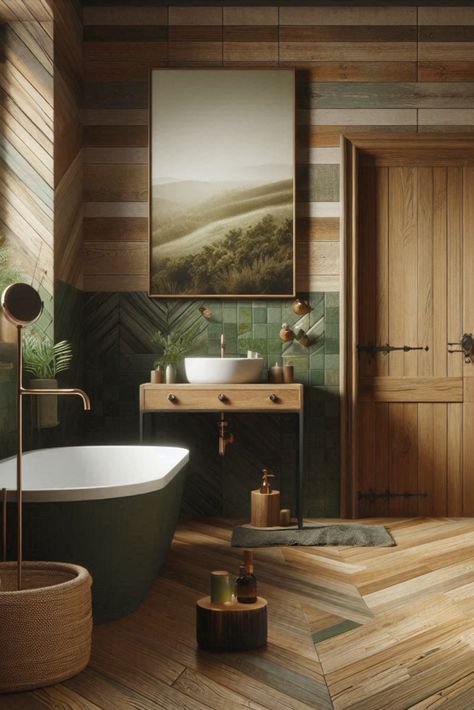 Connect with nature using this earthy green palette complemented by warm wood tones. A grounding experience for your bathroom. #EarthyBathroom #NaturalColors Forest Green House Interior, Brown And Green Bathroom Ideas, Small Earthy Bathroom, Earthy Bathroom Ideas Natural, Warm Earthy Color Palette, Earth Tone Bathroom, Earthy Bathroom Ideas, Nature Inspired Bathroom, Earthy Bathroom