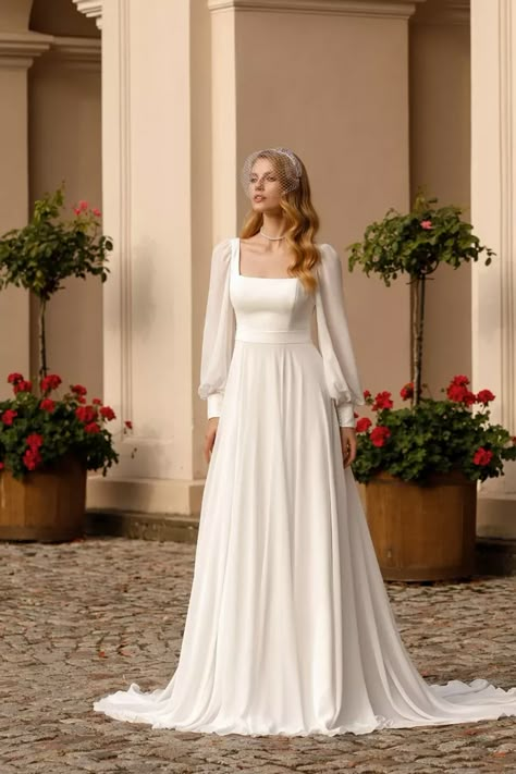 Long Sleeve Wedding Dress Simple, Square Neck Wedding Dress, Simple Wedding Dress With Sleeves, Church Wedding Dress, Modest Wedding Dresses With Sleeves, Plain Wedding Dress, Classy Wedding Dress, Aline Wedding Dress, Dream Wedding Ideas Dresses