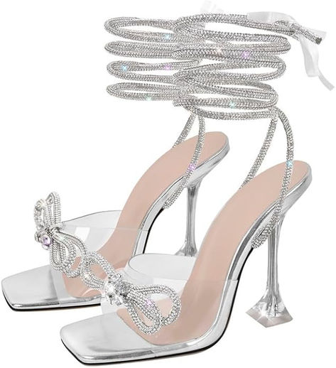 Clear Heels Diamante Bow Heels Lace Up Strap Rhinestone Sparkly Stiletto Heel Sandals Silver Heels Prom, Silver Sparkly Heels, Heels Prom, Sparkly Heels, Prom Ideas, Bow Heels, Clear Heels, Silver Heels, Heeled Sandals