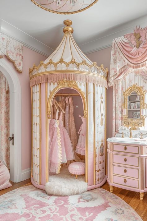 Princess Bedrooms Ideas, Pink Bedroom Furniture Ideas, Gold Room Ideas Bedrooms, Princess Room Ideas Kids, Small Princess Room, Princess Playroom Ideas, Pink Wardrobe Design, Fairytale Bedroom Kids, Princess Bedroom Ideas For Kids