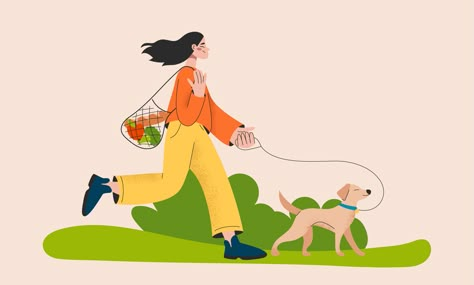 Walk with dog by Ketrin Artist Yo Chi, Walking Dog, Dog Walk, Children Book, Dog Daycare, Dog Illustration, Dog Walker, Dog Drawing, Flat Illustration