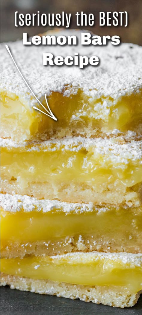 Lemon Bars with intense lemon flavor and a buttery shortbread crust. This recipe is so simple, can be made ahead and even frozen. Thick and gooey Lemon Bars with shortbread crust and vibrant lemon flavor are the perfect dessert. Watch the video tutorial and see how easy it is to bake homemade lemon bars. Lemon Squares Recipe, Homemade Lemon Bars, Classic Lemon Bars, Best Lemon Bars, Lemon Bars Easy, Lemon Bars Recipe, Lemon Squares, Blondies Bars, Square Recipes