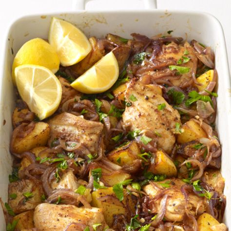 Spanish Chicken and Potato Roast by Food Network Kitchen Goose Recipes, Chicken Entree, Chicken And Potato, Spanish Chicken, Chicken Cooking, Carne Guisada, Chicken And Potatoes, Easy Potato Recipes, Oven Fried Chicken