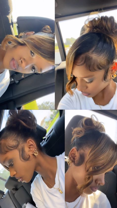 Messy bun & bang w/ curls Side Bang With Bun, Bun With Curls Hanging Down, Messy Bun With Bangs, Curled Bangs, Swoop Bangs, Bun With Curls, Messy Curly Bun, Prom Buns, Side Updo