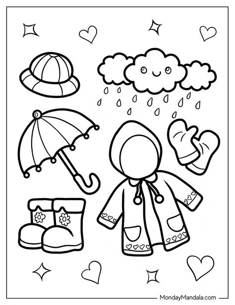 20 Rain Coloring Pages (Free PDF Printables) Raining Coloring Pages, Rainy Day Coloring Pages Free Printable, Rain Day Activities For Kids, Umbrella Activities For Preschool, Rainy Season Clothes, Rain Coloring Pages, Water Coloring Pages, Rain Day Activities, Water Activities Preschool