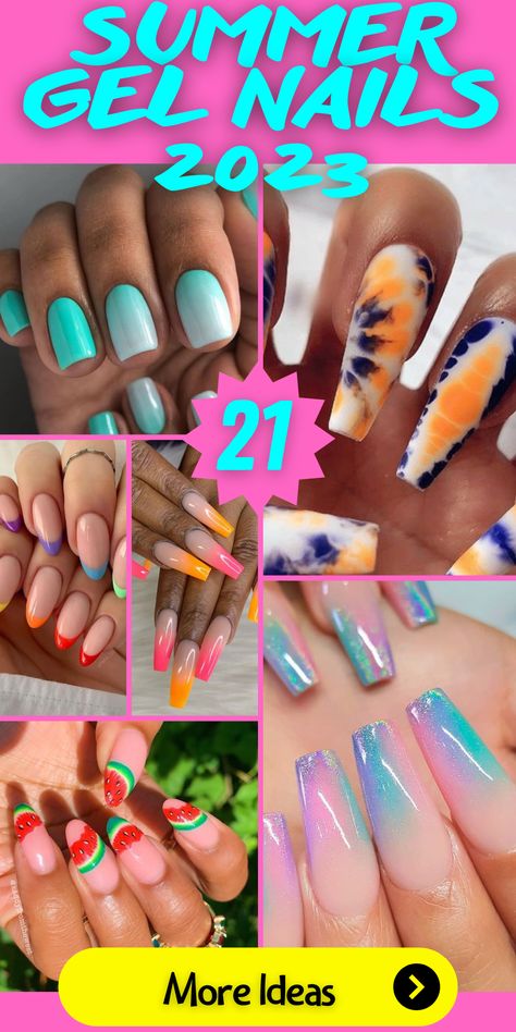 Summer Gel Nails 2023: Vibrant & Playful Designs! 💅🌞 Get ready to dazzle with stunning summer gel nail colors, from bright and trendy hues to popular pastels. Explore short summer gel nails, fun nail designs, and adorable color trends for the season. Dive into blue, pink, and cute simple styles that will make a splash this summer. Stay on top of trending gel nail ideas and make your fingertips the center of attention. Embrace the 2023 gel nail trends and let your nails shine all summer long! Gel Nail Designs Summer 2023, Fun Summer Nails Design 2023, Fun Tip Nails, Summer Nails 2023 Gel Designs, Summer Nails 2023 Color Trends Long, Trendy Short Nails Summer Gel, Blue Gel Nails Ideas Art Designs, Vibrant Summer Nails 2023, Summer Nails 2023 Gel Long