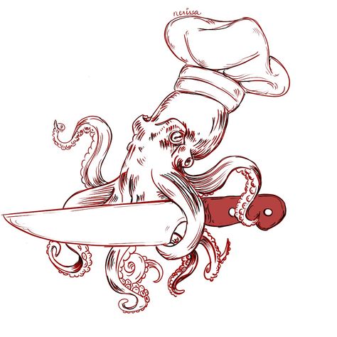 Homeless Tattoo Ideas, Octopus Drawing Tattoo, Seafood Tattoo Ideas, Squid Tattoo Design Simple, Simple Squid Tattoo, Chef Tatoos, Chef Art Drawing, Squid And Ship Tattoo, Chef Doodle